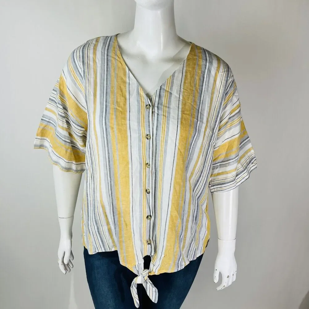 New Counterparts Womans Sz XL Blouse Gold Solid Stripe V Neck Short Sleeve NWT - Picture 2 of 8